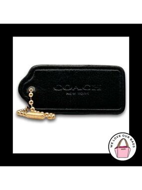 COACH HANG TAG Bag Charm Keychain Fob New York Black Smooth Leather Brass 2"